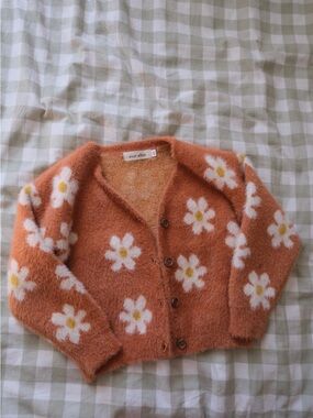 Ever After Kids' Orange Floral Fuzzy Cardigan